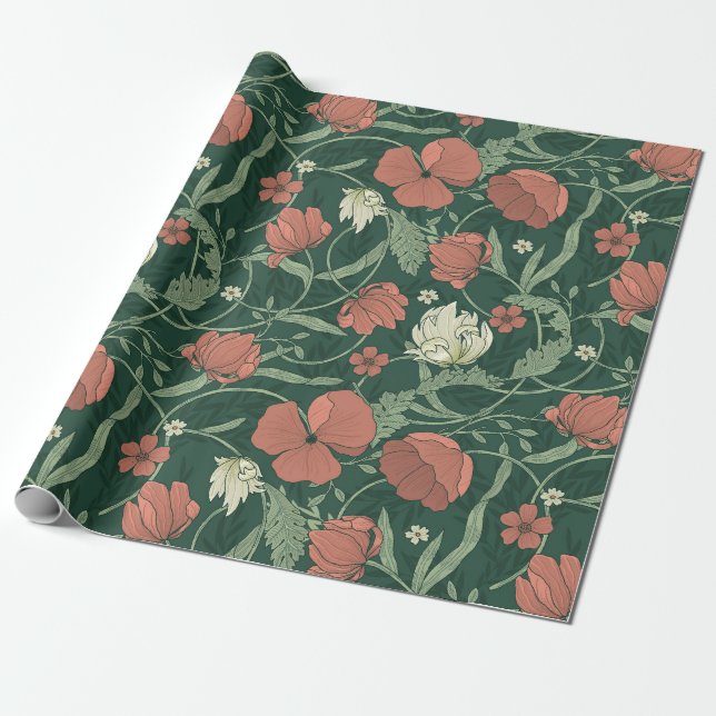William Morris Inspired Green Red Botanical Floral Wrapping Paper (Unrolled)