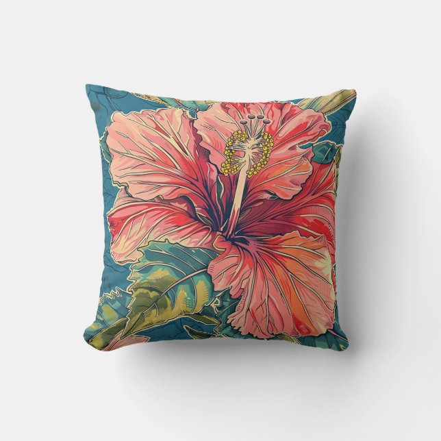 William Morris Inspired Hibiscus Throw Pillow (Front)