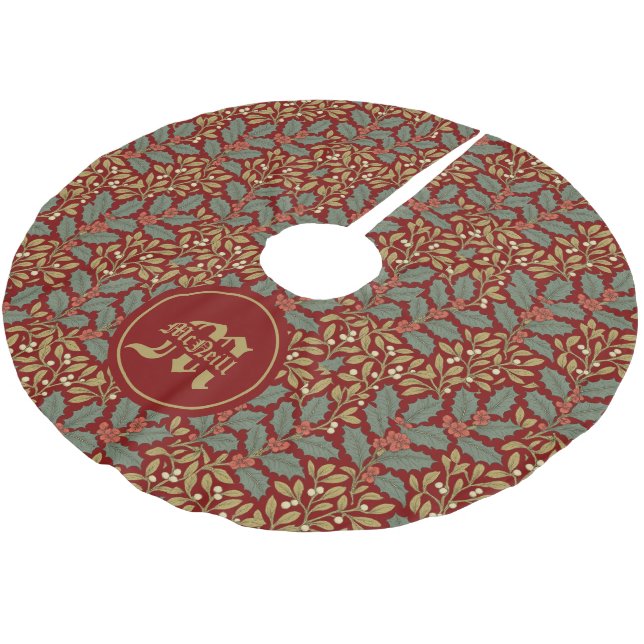 William Morris Inspired Holly & Mistletoe Brushed Polyester Tree Skirt (Angled)