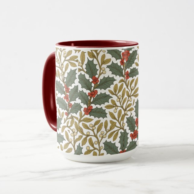 William Morris Inspired Holly & Mistletoe Mug (Front Left)