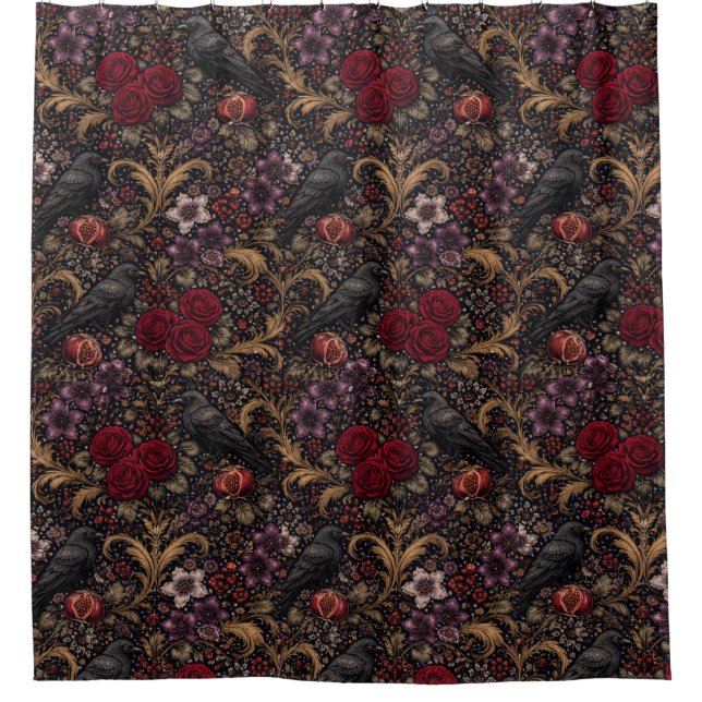William Morris Inspired Pattern Gothic Crows Shower Curtain (Front)
