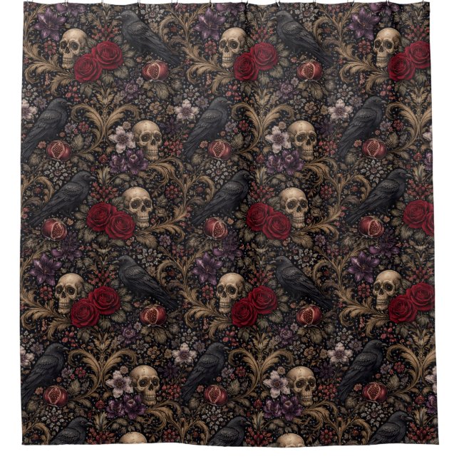 William Morris Inspired Pattern Gothic Skulls Shower Curtain (Front)