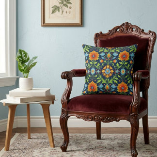 William Morris Inspired Pattern Orange Blue Flower Cushion