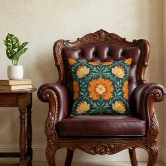 William Morris Inspired Pattern Orange Flower Cushion