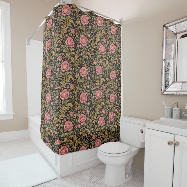William Morris Inspired Pattern Pink Rose Shower Curtain (In Situ)