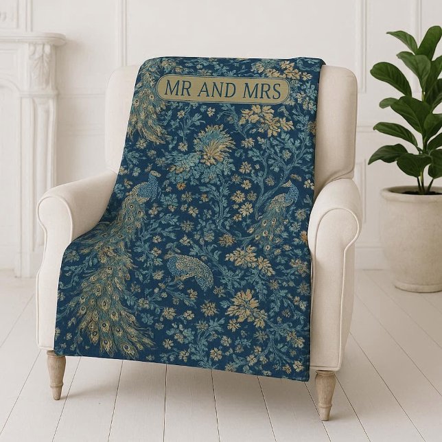 William Morris Inspired Peacock Couple Mr and Mrs  Fleece Blanket (William Morris Inspired Peacock Couple Mr and Mrs Fleece Blanket)