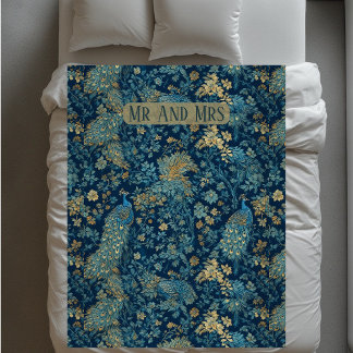 William Morris Inspired Peacock Couple Mr and Mrs  Fleece Blanket