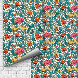 William Morris inspired pink blue yellow flowers Wallpaper