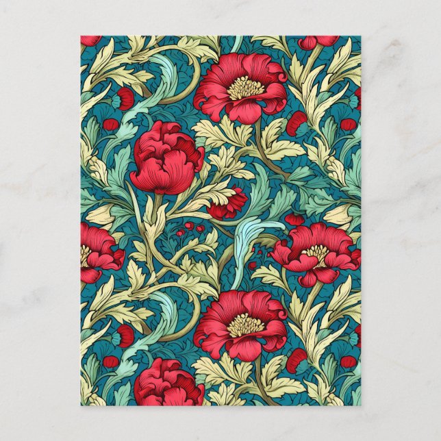 William Morris Inspired Red Flowers Pattern Holiday Postcard (Front)