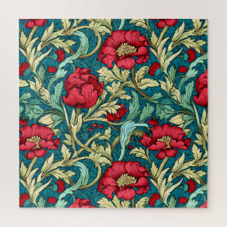 William Morris Inspired Red Flowers Pattern Jigsaw Puzzle