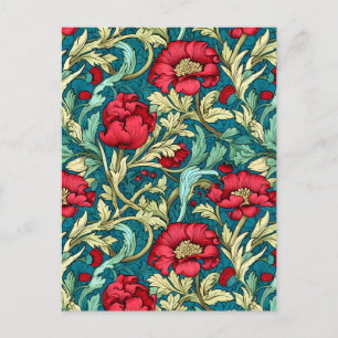 William Morris Inspired Red Flowers Pattern Postcard