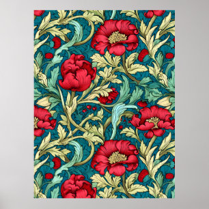 William Morris Inspired Red Flowers Pattern Poster