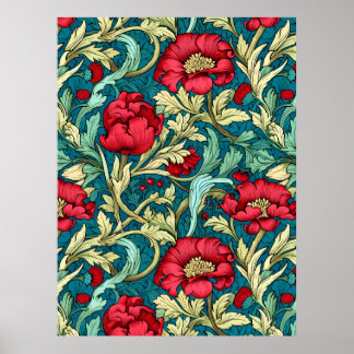 William Morris Inspired Red Flowers Pattern Poster