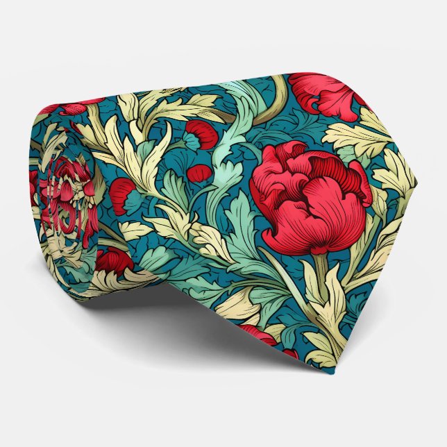 William Morris Inspired Red Flowers Pattern Tie (Rolled)