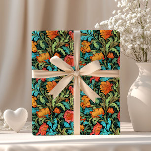 William Morris inspired vibrant colorful flowers Wrapping Paper