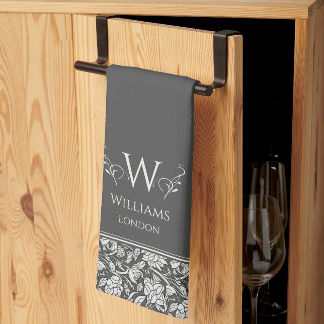 William Morris Inspo Charcoal Grey Floral Custom Tea Towel (Thirds Fold)