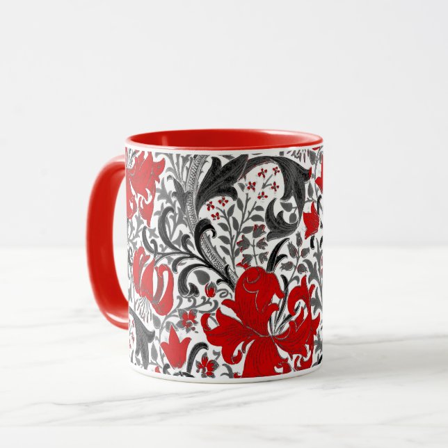 William Morris Iris and Lily, Black, White and Red Mug (Front Left)