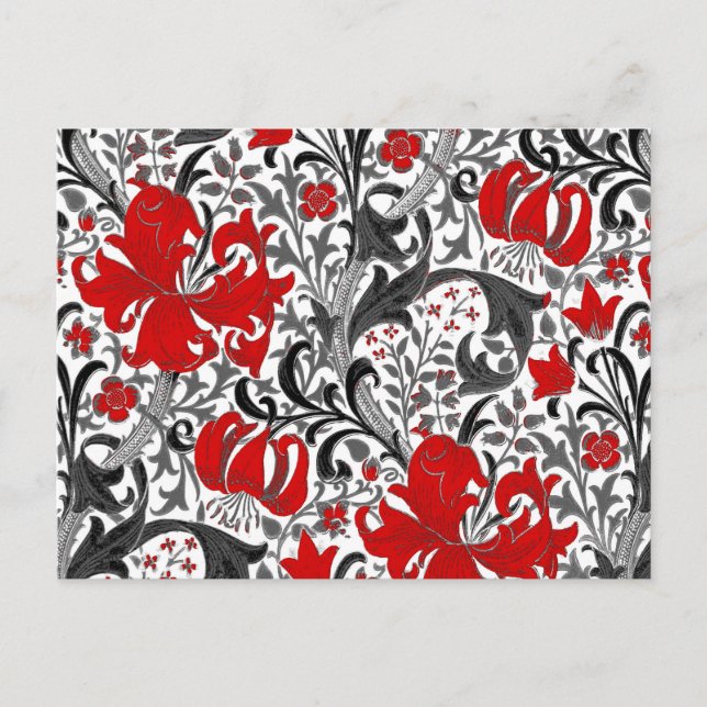 William Morris Iris and Lily, Black, White and Red Postcard (Front)