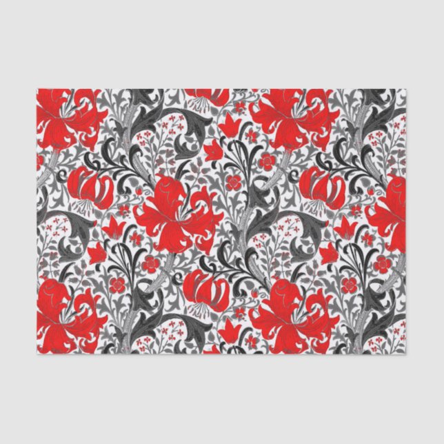 William Morris Iris and Lily, Black, White and Red Tissue Paper (Front)