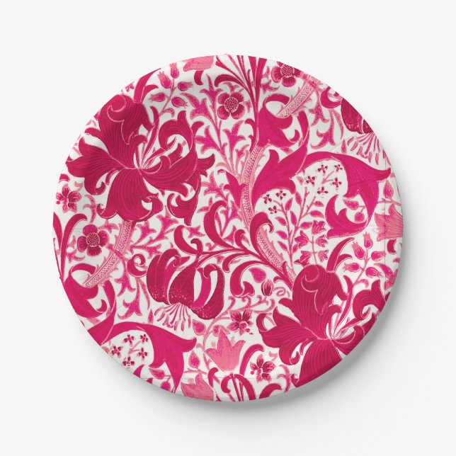 William Morris Iris and Lily, Fuchsia Pink Paper Plate (Front)