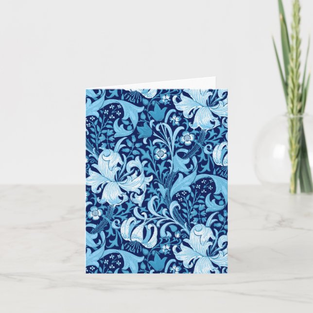 William Morris Iris and Lily, Indigo Blue & White Card (Front)
