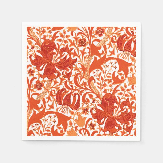 William Morris Iris and Lily, Mandarin Orange Napkin (Front)