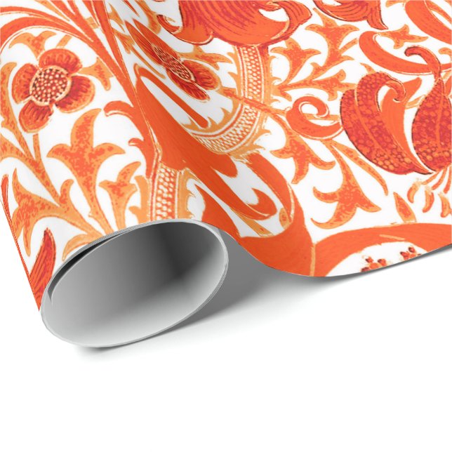 William Morris Iris and Lily, Mandarin Orange Wrapping Paper (Roll Corner)