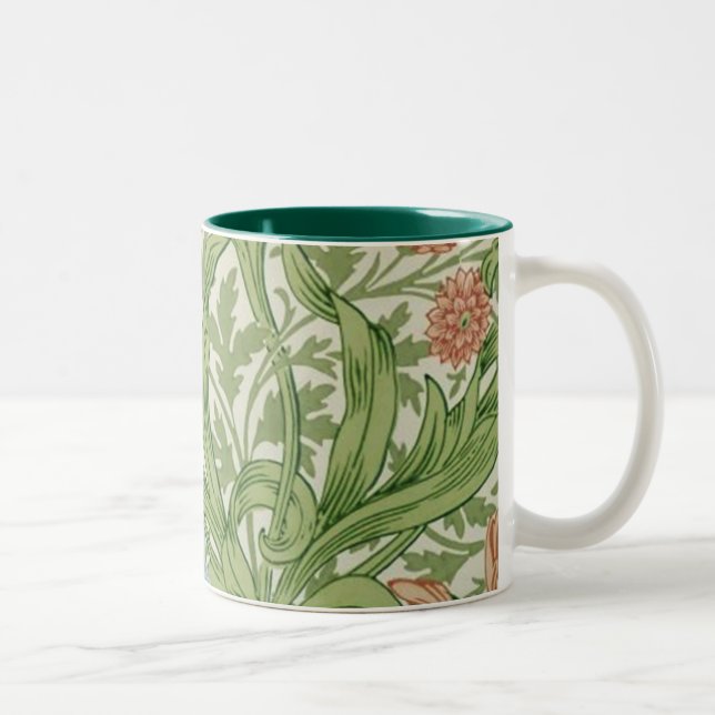 William Morris Iris Flowers Foliage Birds Blue  Two-Tone Coffee Mug (Right)
