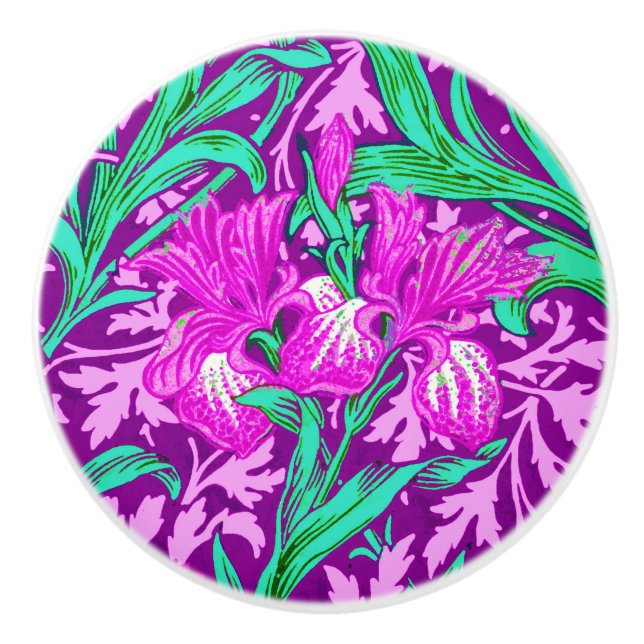 William Morris Irises, Amethyst Purple  Ceramic Knob (Front)