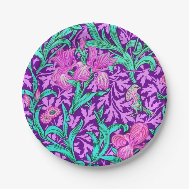 William Morris Irises, Amethyst Purple Paper Plate (Front)