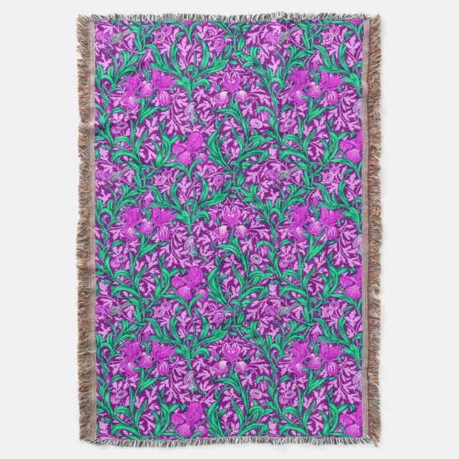 William Morris Irises, Amethyst Purple Throw Blanket (Front Vertical)