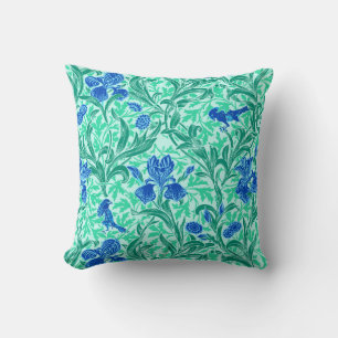 William Morris Irises,Cobalt Blue, Aqua and Teal Cushion