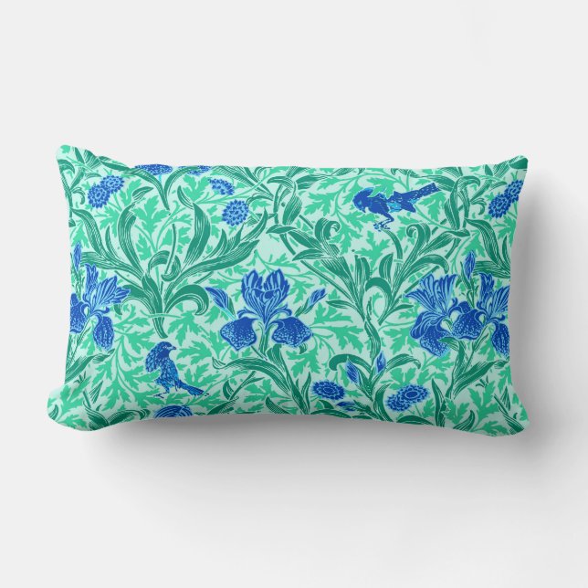 William Morris Irises,Cobalt Blue, Aqua and Teal Lumbar Cushion (Front)