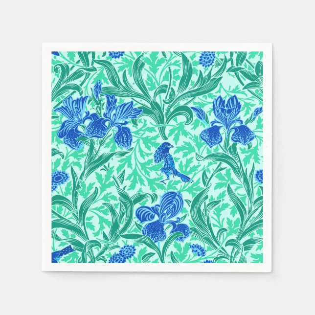 William Morris Irises, Cobalt Blue, Aqua and Teal Napkin (Front)