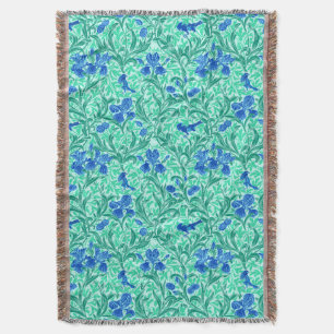 William Morris Irises, Cobalt Blue, Aqua and Teal Throw Blanket