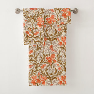 William Morris Irises, Coral Orange, Brown & Beige Bath Towel Set