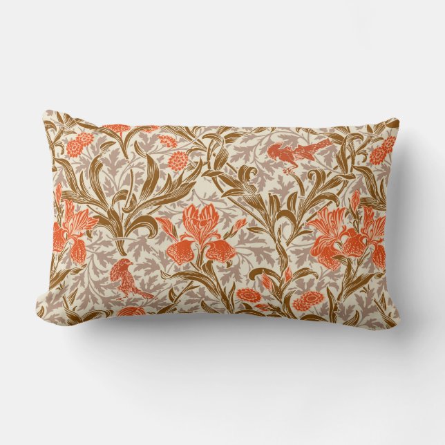 William Morris Irises, Coral Orange, Brown & Beige Lumbar Cushion (Front)