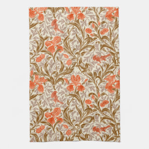 William Morris Irises, Coral Orange, Brown & Beige Tea Towel