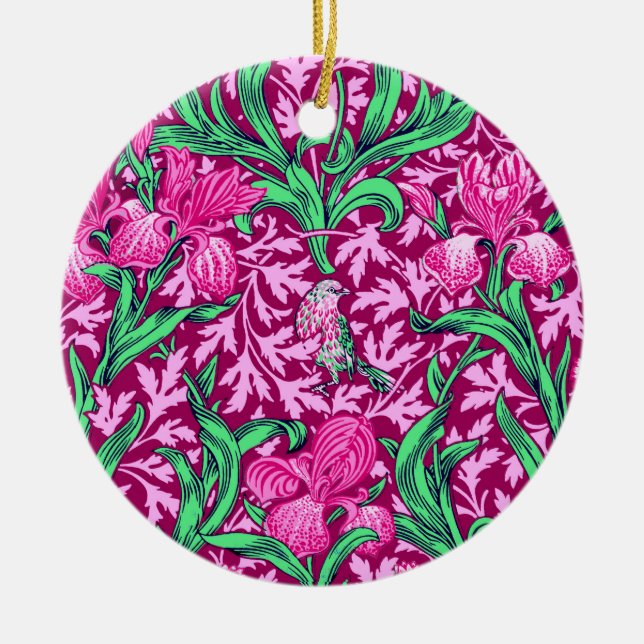 William Morris Irises, Fuchsia Pink and Burgundy  Ceramic Tree Decoration (Front)