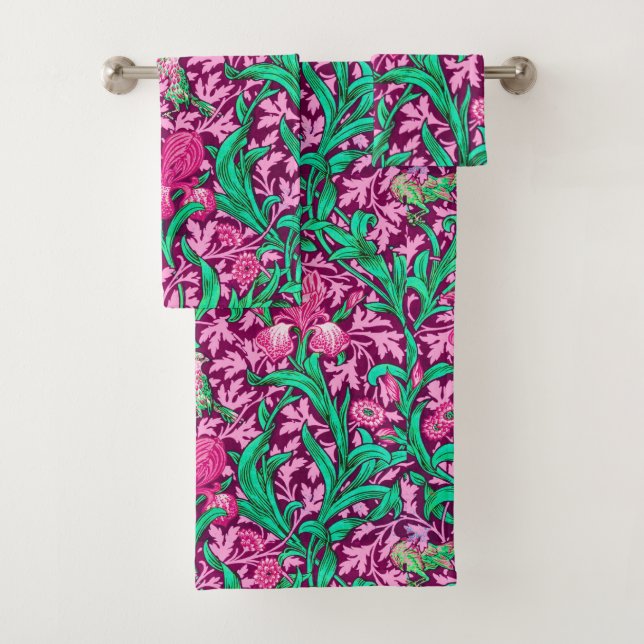 William Morris Irises, Fuchsia Pink and Wine Bath Towel Set (Insitu)