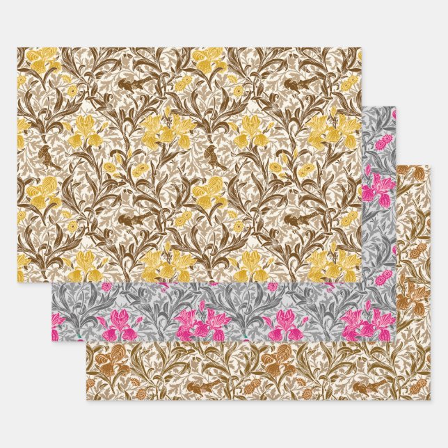 William Morris Irises, Gold, Grey, Rust   Wrapping Paper Sheet (Set)