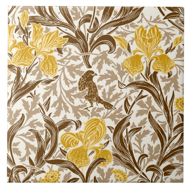 William Morris Irises, Mustard Gold, Brown & Beige Tile (Front)