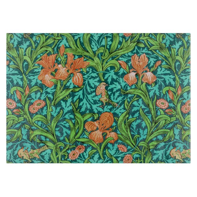 William Morris Irises, Orange and Turquoise   Cutting Board (Front)