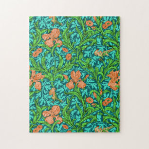 William Morris Irises, Orange and Turquoise Jigsaw Puzzle