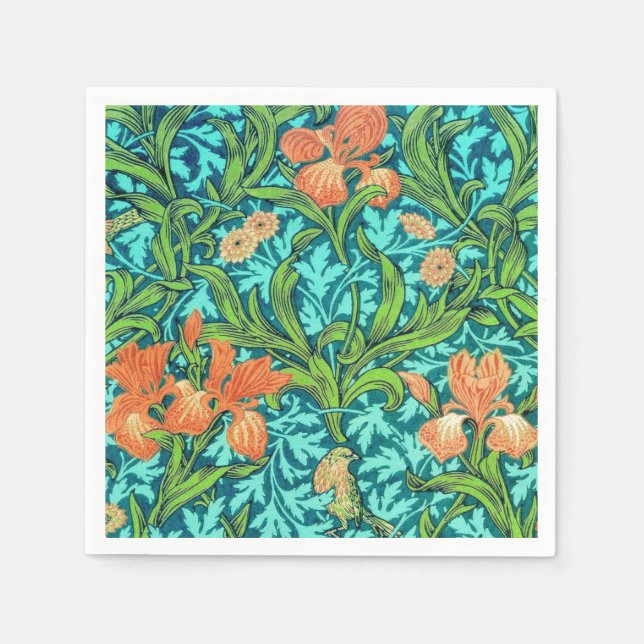 William Morris Irises, Orange and Turquoise Napkin (Front)