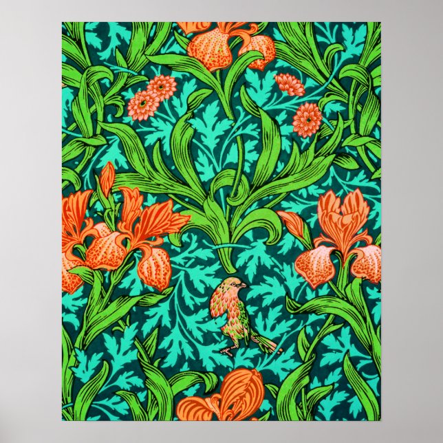 William Morris Irises, Orange and Turquoise Poster (Front)