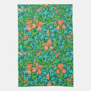 William Morris Irises, Orange and Turquoise Tea Towel