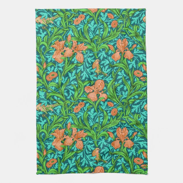 William Morris Irises, Orange and Turquoise Tea Towel (Vertical)