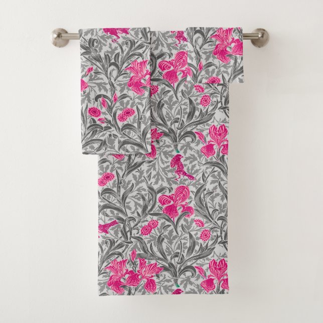 William Morris Irises, Pink and Silver Gray / Grey Bath Towel Set (Insitu)