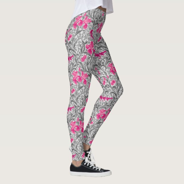 William Morris Irises, Pink and Silver Gray / Grey Leggings (Right)